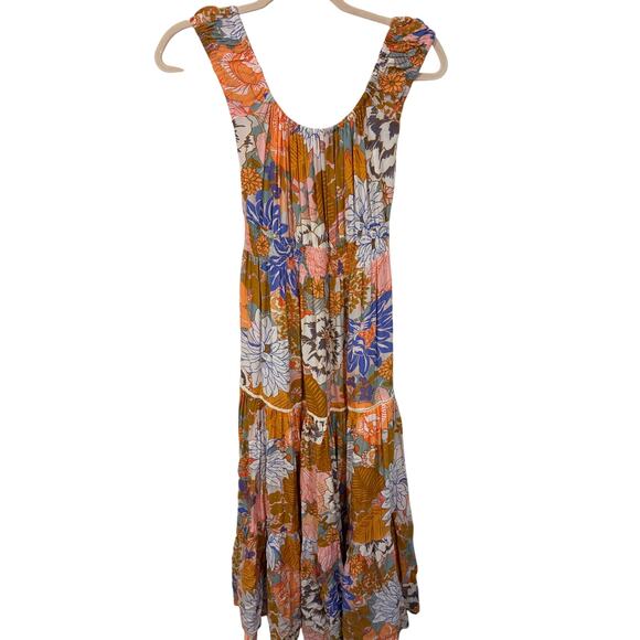 Abel the Label Floral Rayon Prairie Cottagecore Tiered Smocking Maxi Dress M